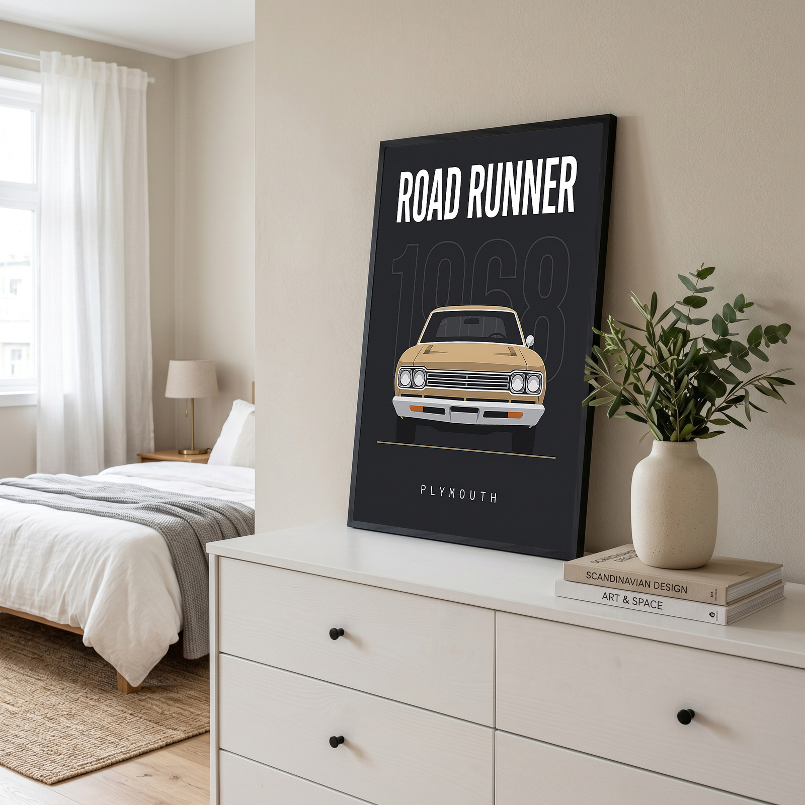 Plymouth Road Runner 1968 V2 Minimalist Poster — Sand on Charcoal Muscle Line Art