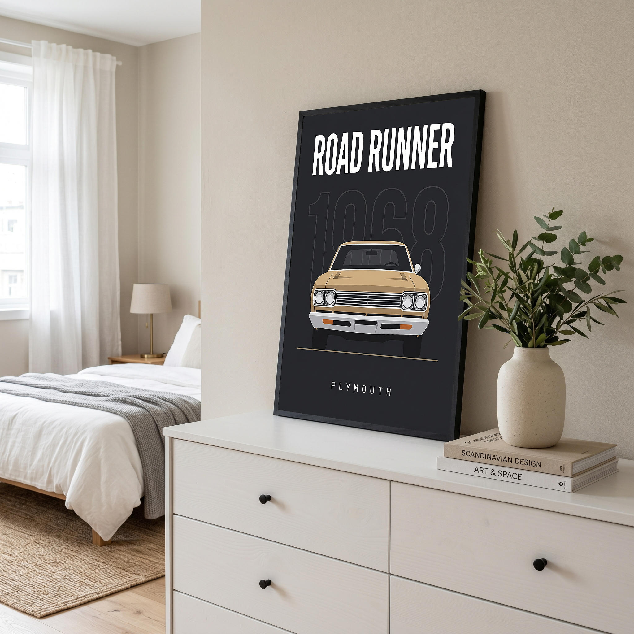 Plymouth Road Runner 1968 V2 Minimalist Poster — Sand on Charcoal Muscle Line Art