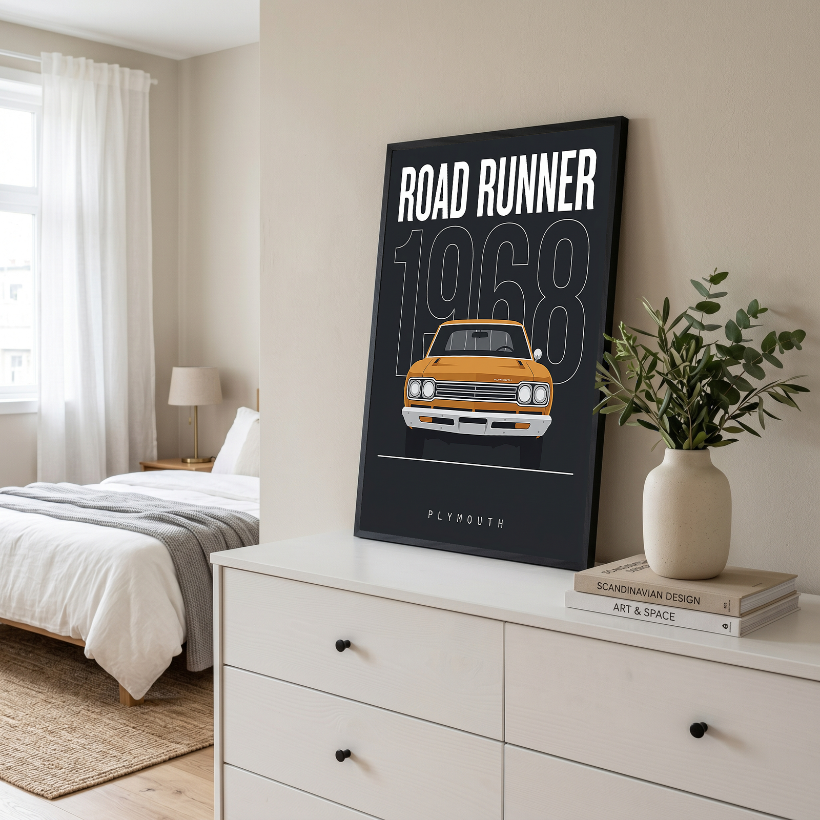 Plymouth Road Runner 1968 Minimalist Poster — Charcoal Muscle Car Line Art