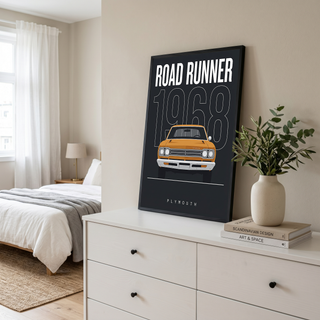 Plymouth Road Runner 1968 Minimalist Poster — Charcoal Muscle Car Line Art