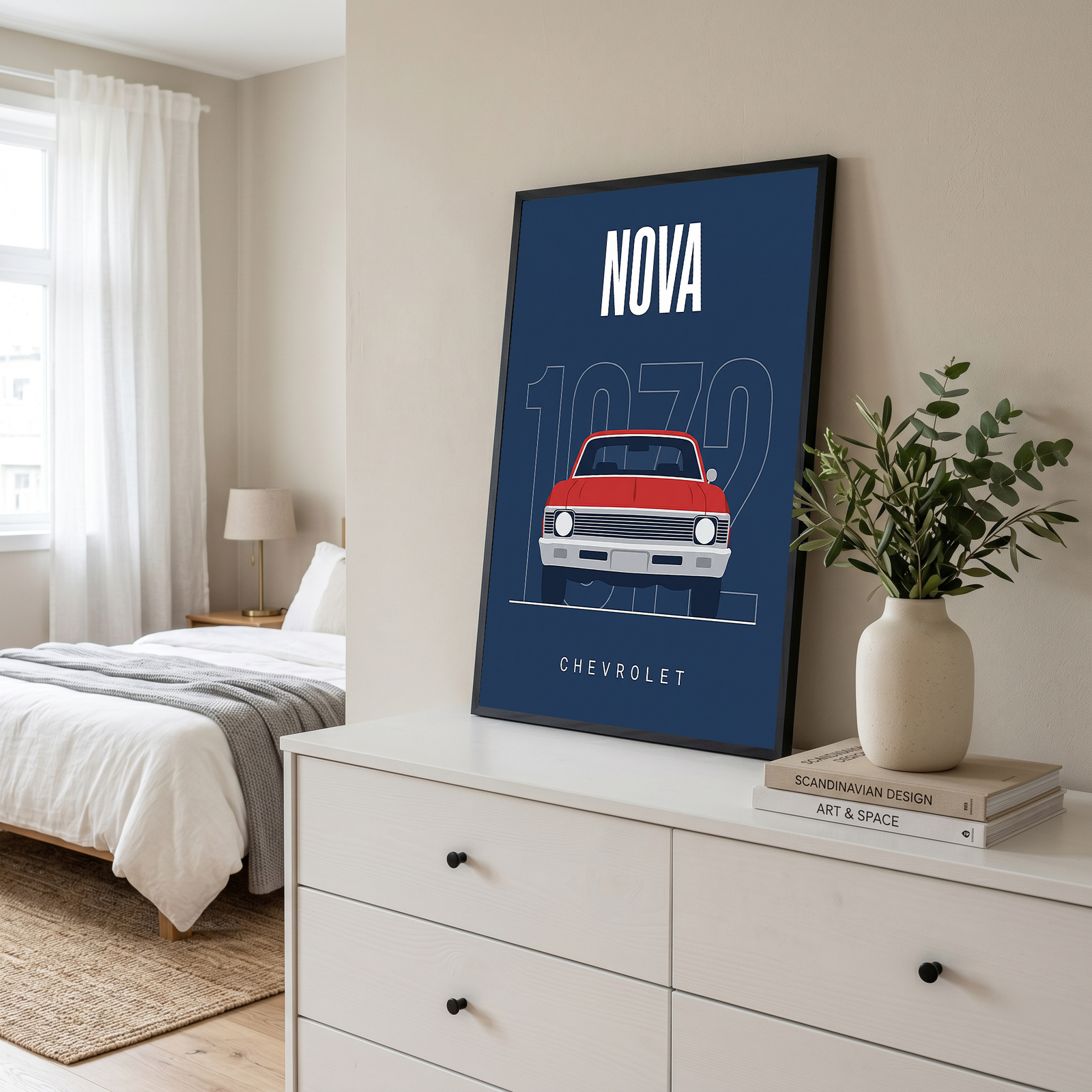 Chevrolet Nova 1972 Minimalist Poster — Red on Navy Compact Muscle Line Art