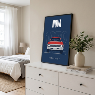 Chevrolet Nova 1972 Minimalist Poster — Red on Navy Compact Muscle Line Art