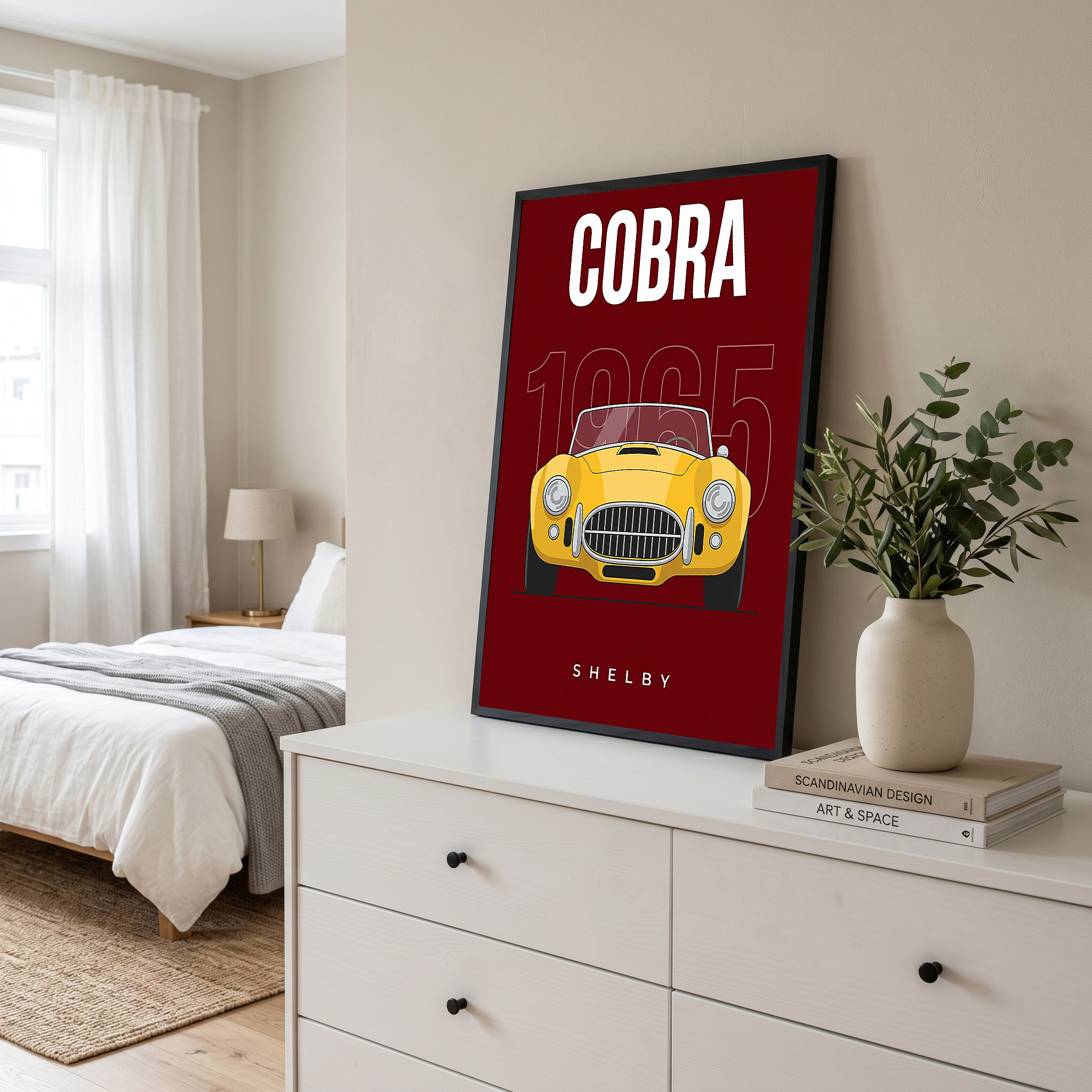 Shelby Cobra 1965 Minimalist Poster — Burgundy Roadster Line Art