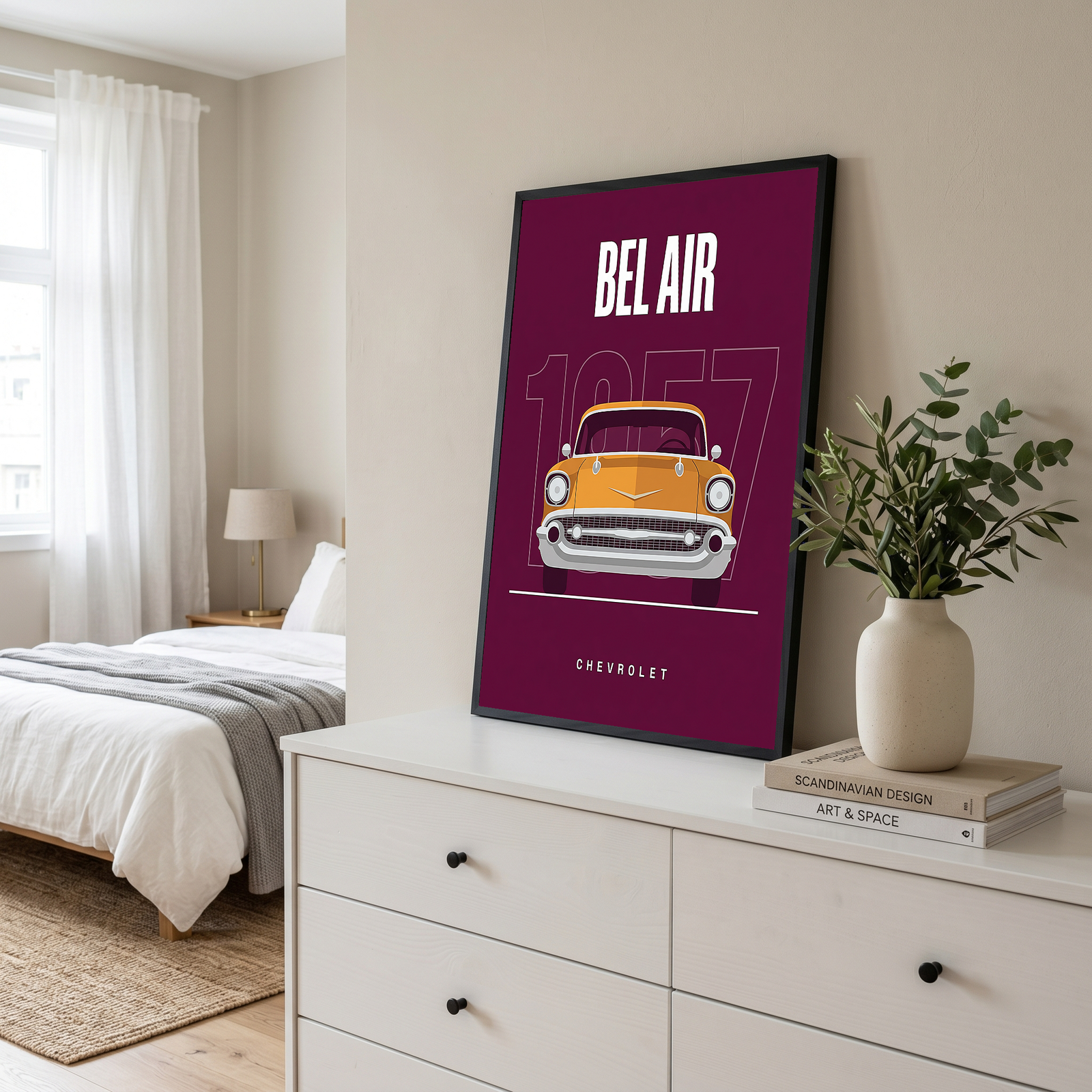 Chevrolet Bel Air 1957 Minimalist Poster — Burgundy Classic Car Line Art