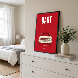 Dodge Dart 1968 Minimalist Poster — Ivory on Cherry Red Muscle Line Art