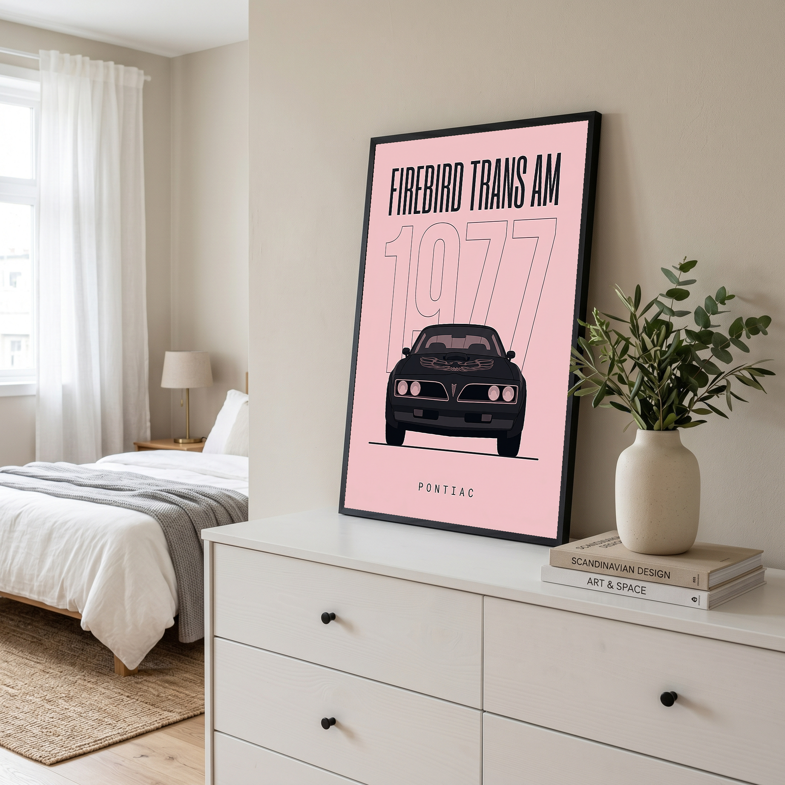 Pontiac Firebird Trans Am 1977 Minimalist Poster — Blush Pink Muscle Line Art
