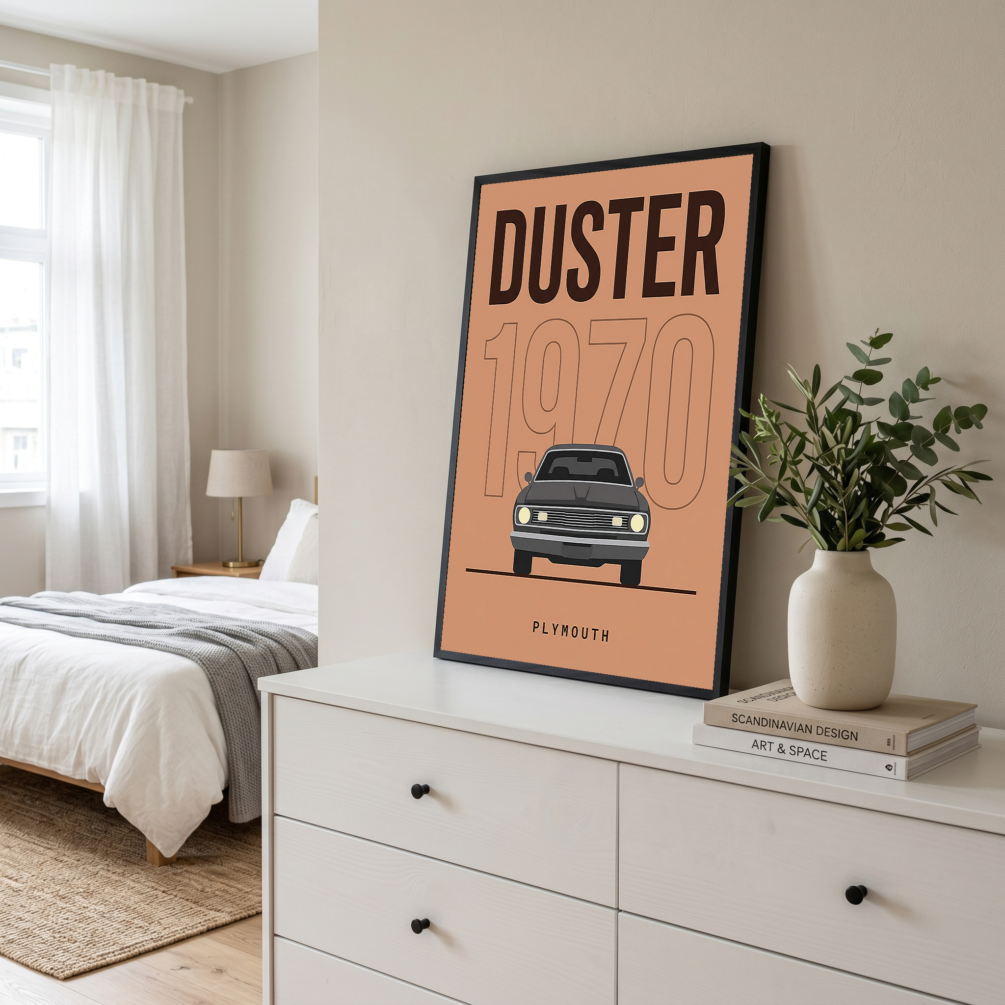 Plymouth Duster 1970 Minimalist Poster — Terracotta Muscle Car Line Art