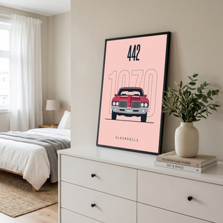 Oldsmobile 442 1970 Minimalist Poster — Blush Pink Muscle Car Line Art
