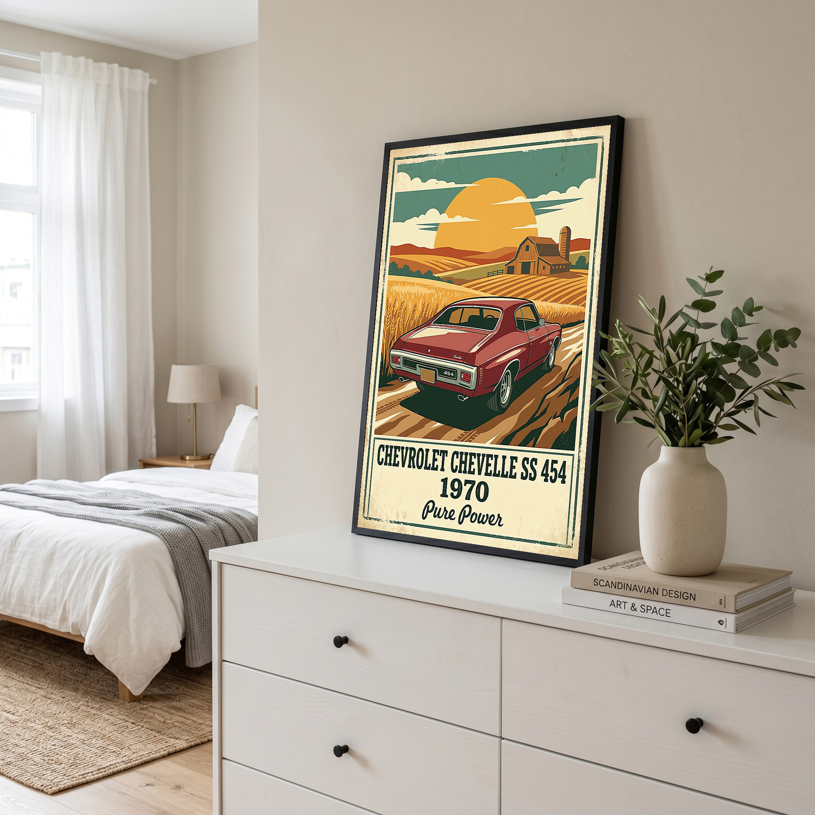 Chevrolet Chevelle SS 454 1970 V3 Poster — Vintage Muscle Car Wheat Field Barn Print