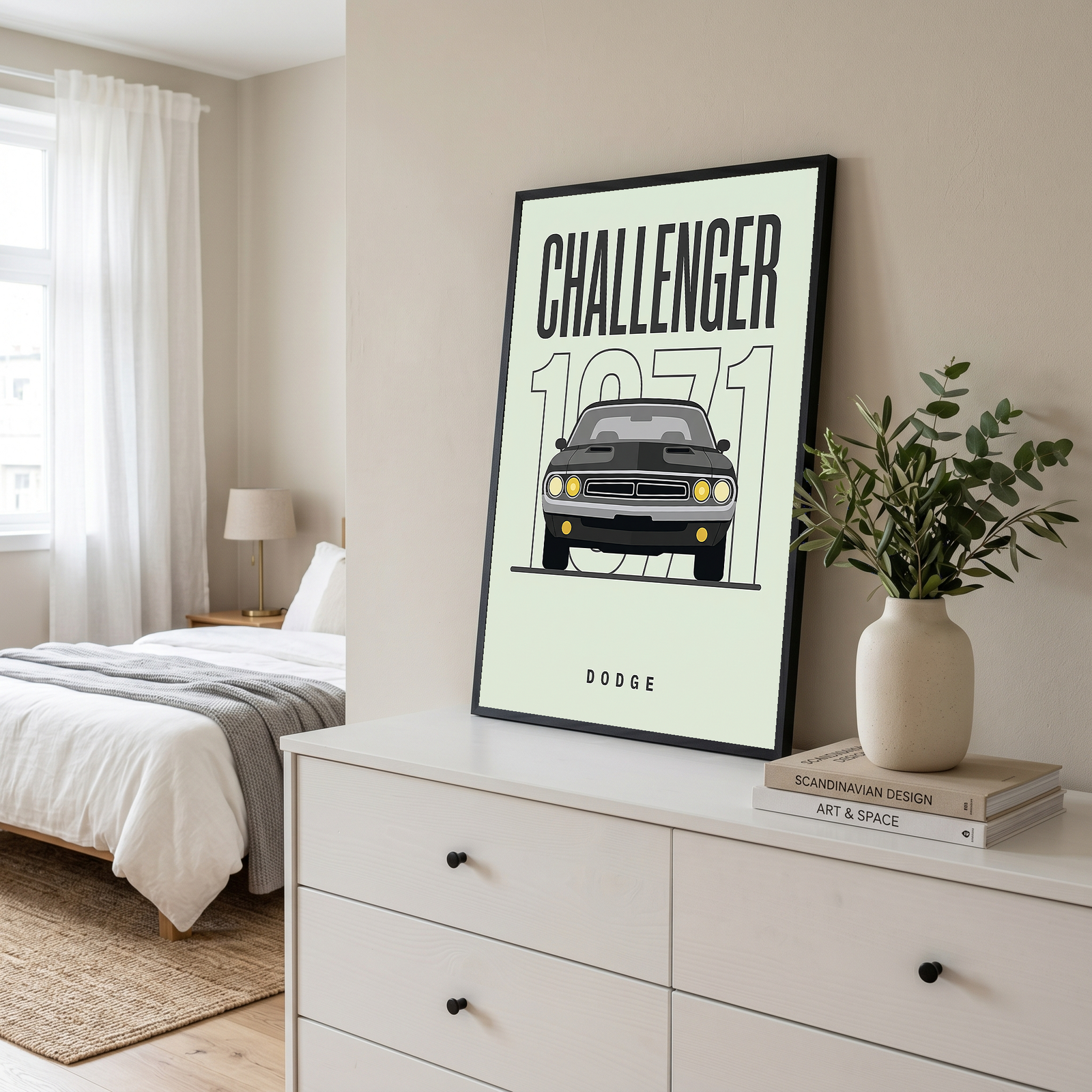 Dodge Challenger 1971 Minimalist Poster — Mint Sage Muscle Car Line Art