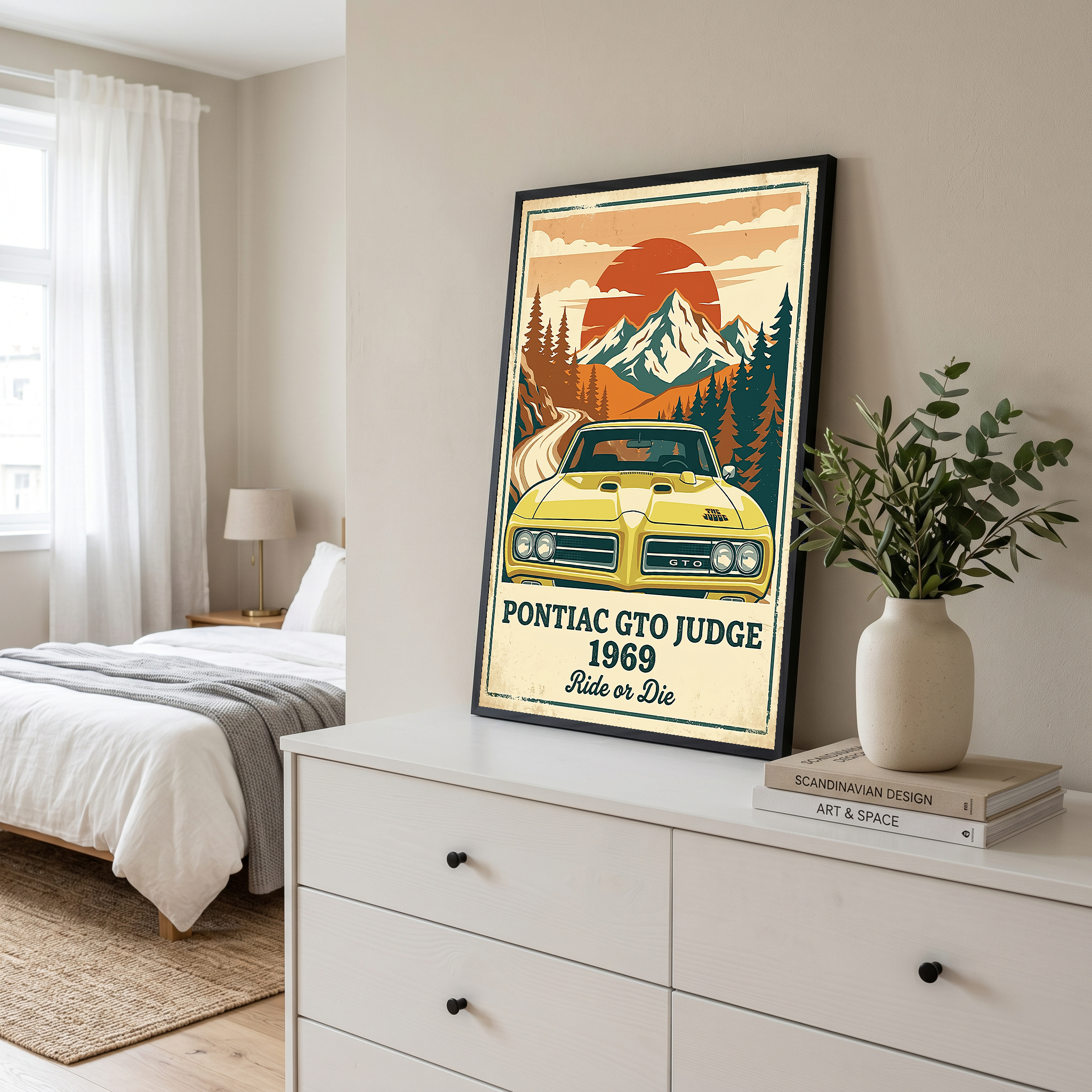 Pontiac GTO Judge 1969 Poster — Vintage Muscle Car Mountain Sunset Print