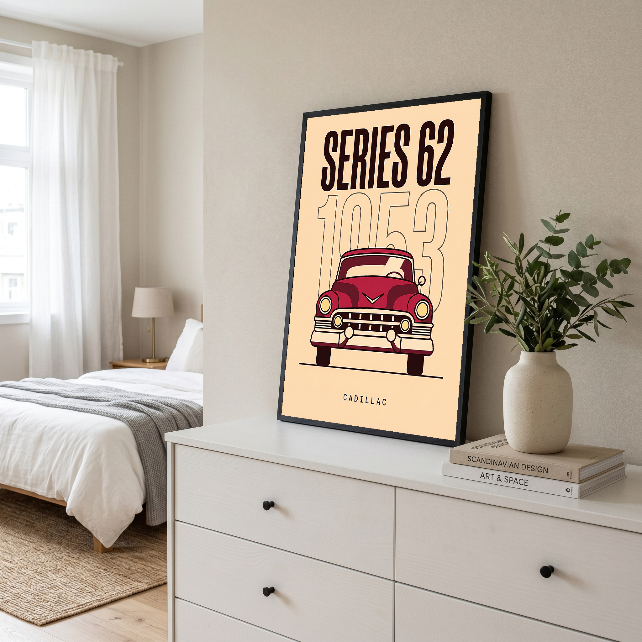 Cadillac Series 62 1953 Minimalist Poster — Cream Classic Car Line Art
