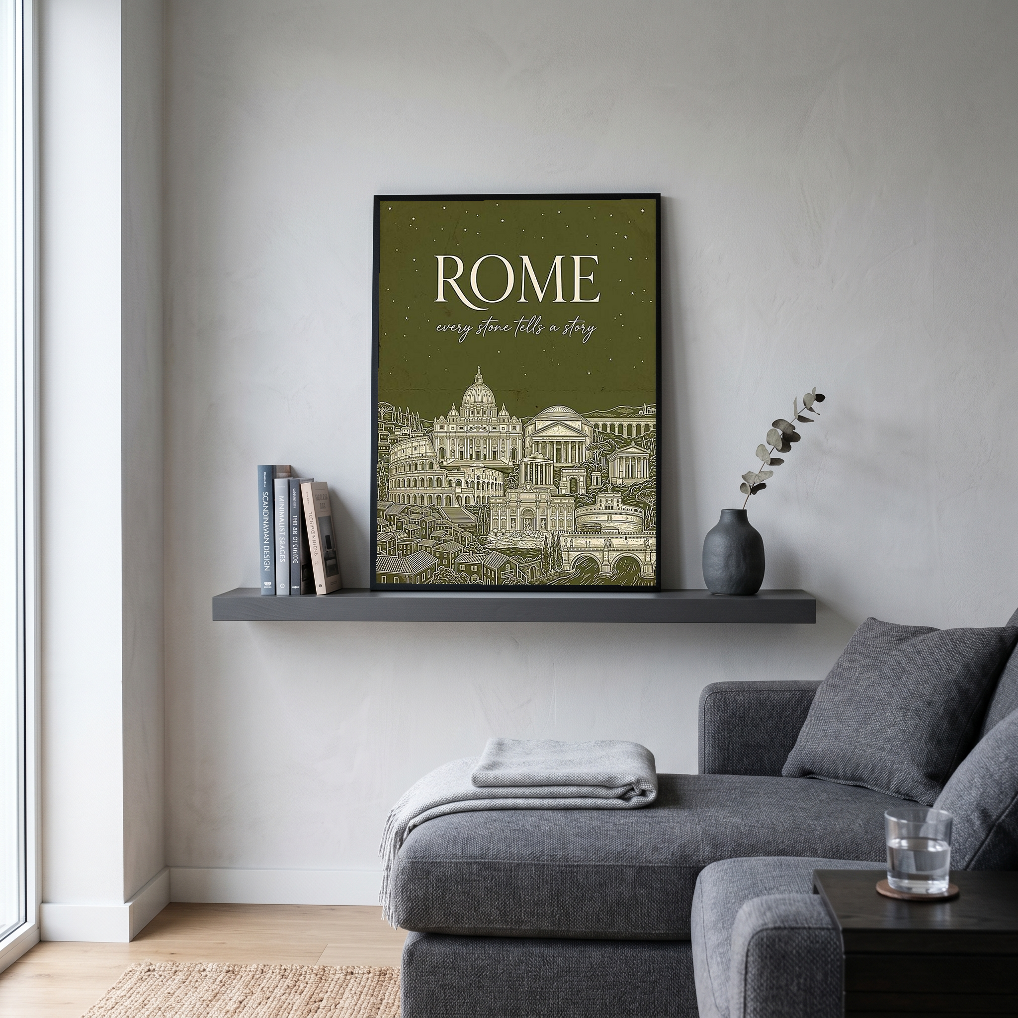 Rome Line Art Print — Olive Green Colosseum Vatican Skyline Wall Art