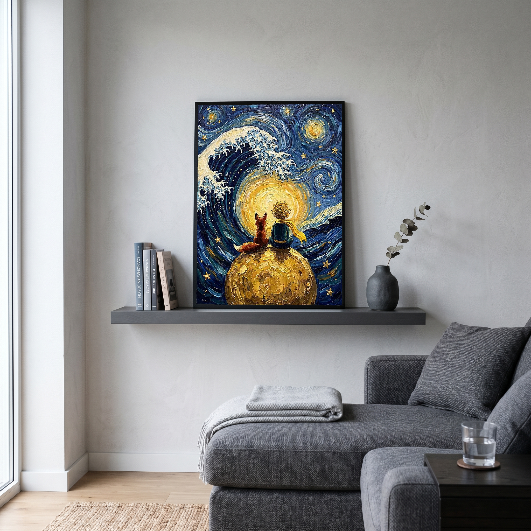 Little Prince Fox &amp; Planet Print — Van Gogh-Style Nursery Wall Art