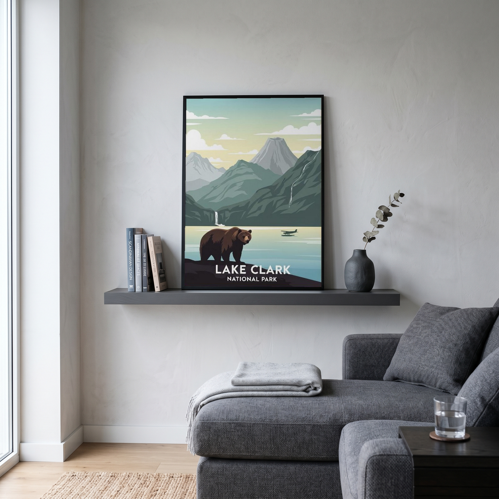 Lake Clark National Park Poster — Vintage Alaska Brown Bear Floatplane Print