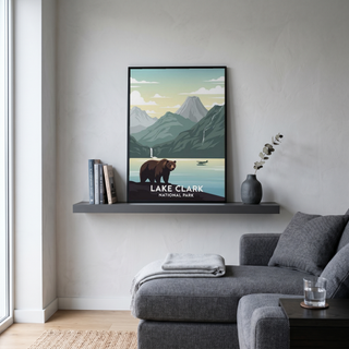 Lake Clark National Park Poster — Vintage Alaska Brown Bear Floatplane Print