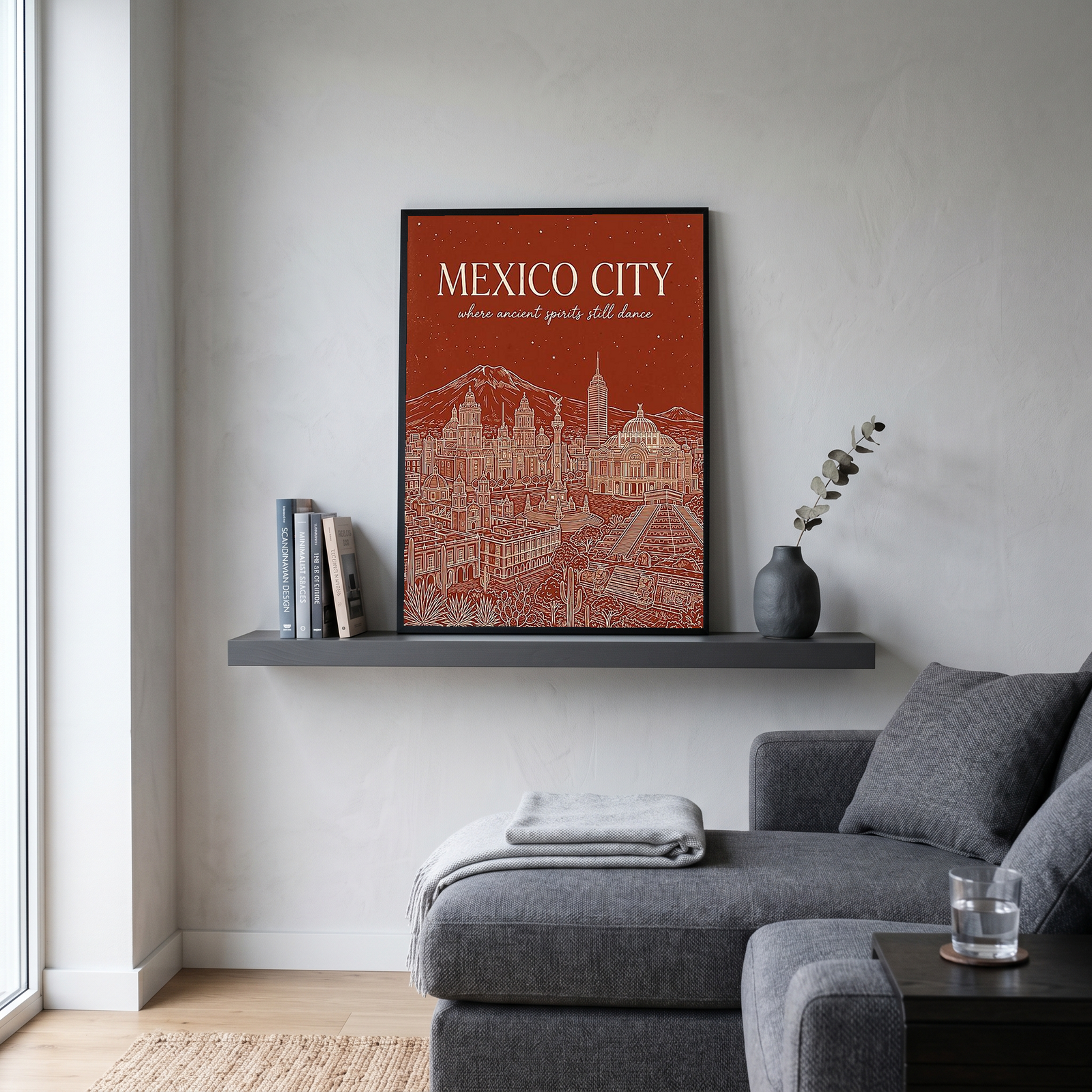 Mexico City Line Art Print — Rust Bellas Artes Templo Mayor Skyline Wall Art