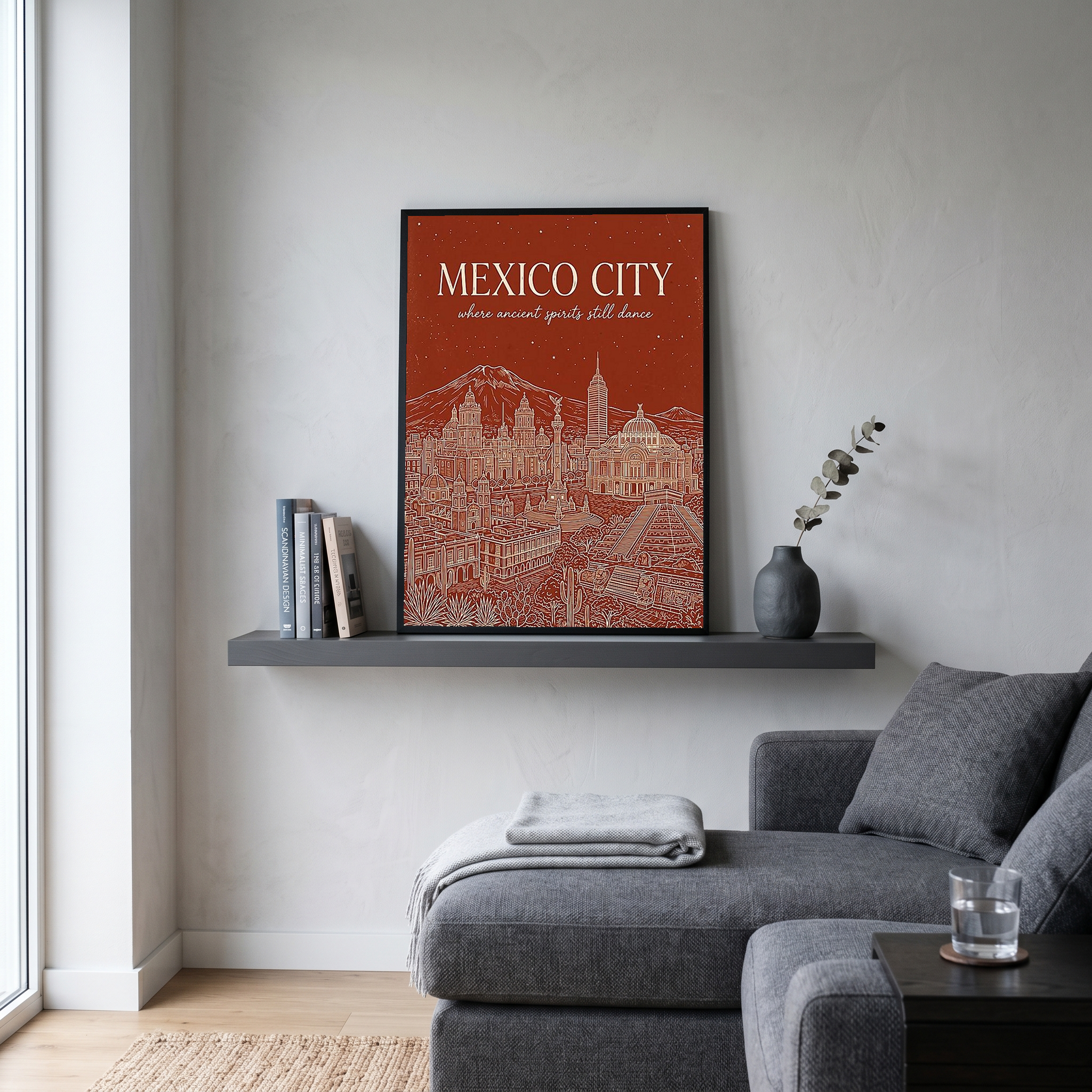 Mexico City Line Art Print — Rust Bellas Artes Templo Mayor Skyline Wall Art