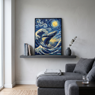 Breaching Whale Starry Night Print — Van Gogh-Style Ocean Humpback Wall Art