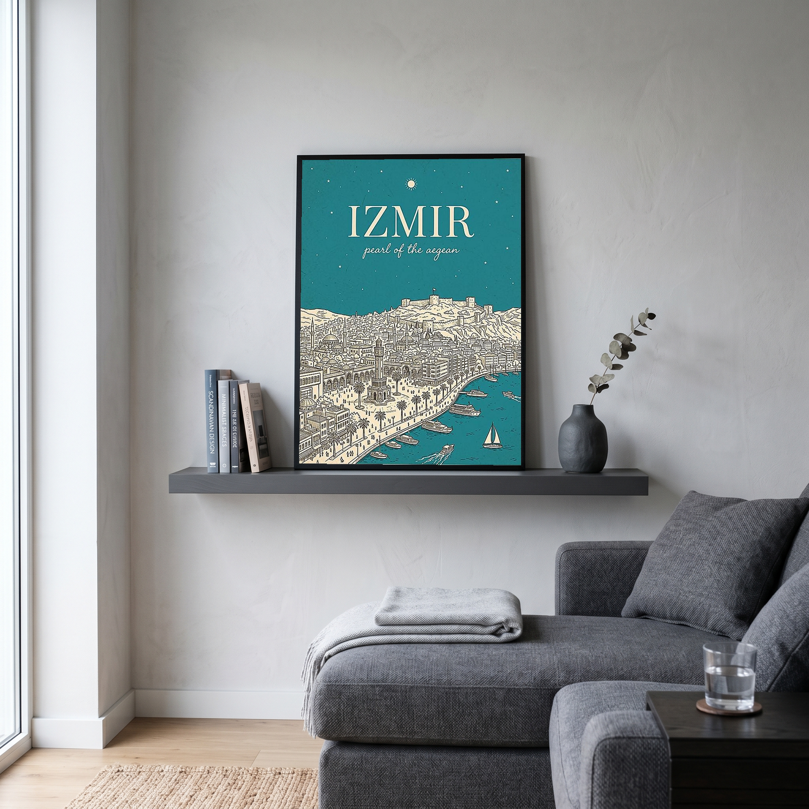 İzmir Line Art Print — Teal Clock Tower Kadifekale Aegean Coast Wall Art
