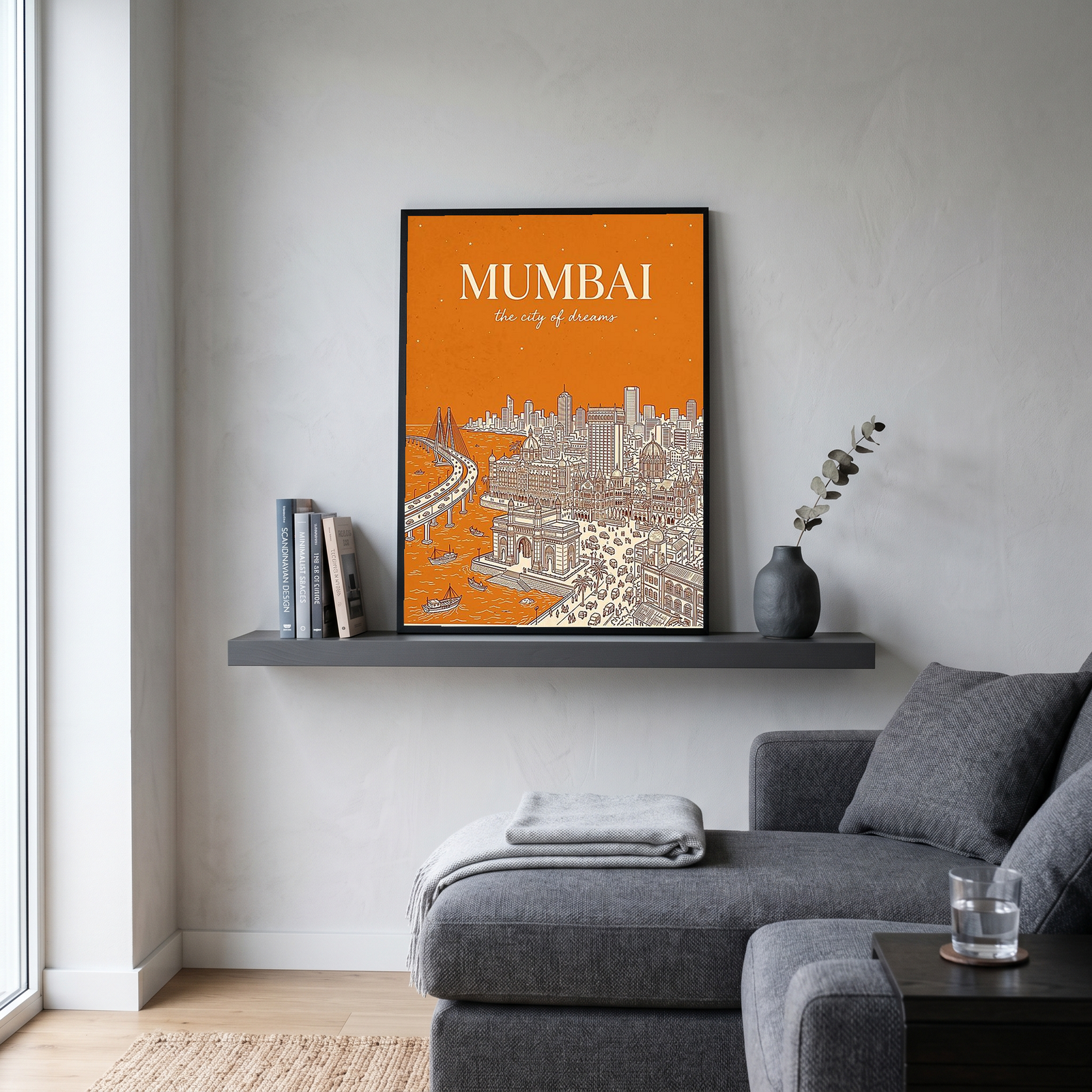 Mumbai Line Art Print — Saffron Gateway of India Marine Drive Skyline Wall Art