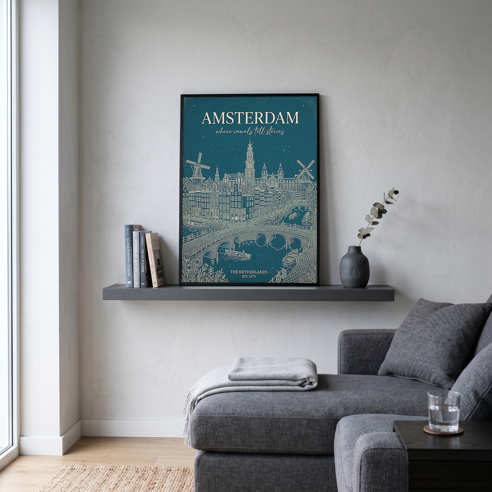 Amsterdam Line Art Print — Teal Canal Windmill Skyline Wall Art