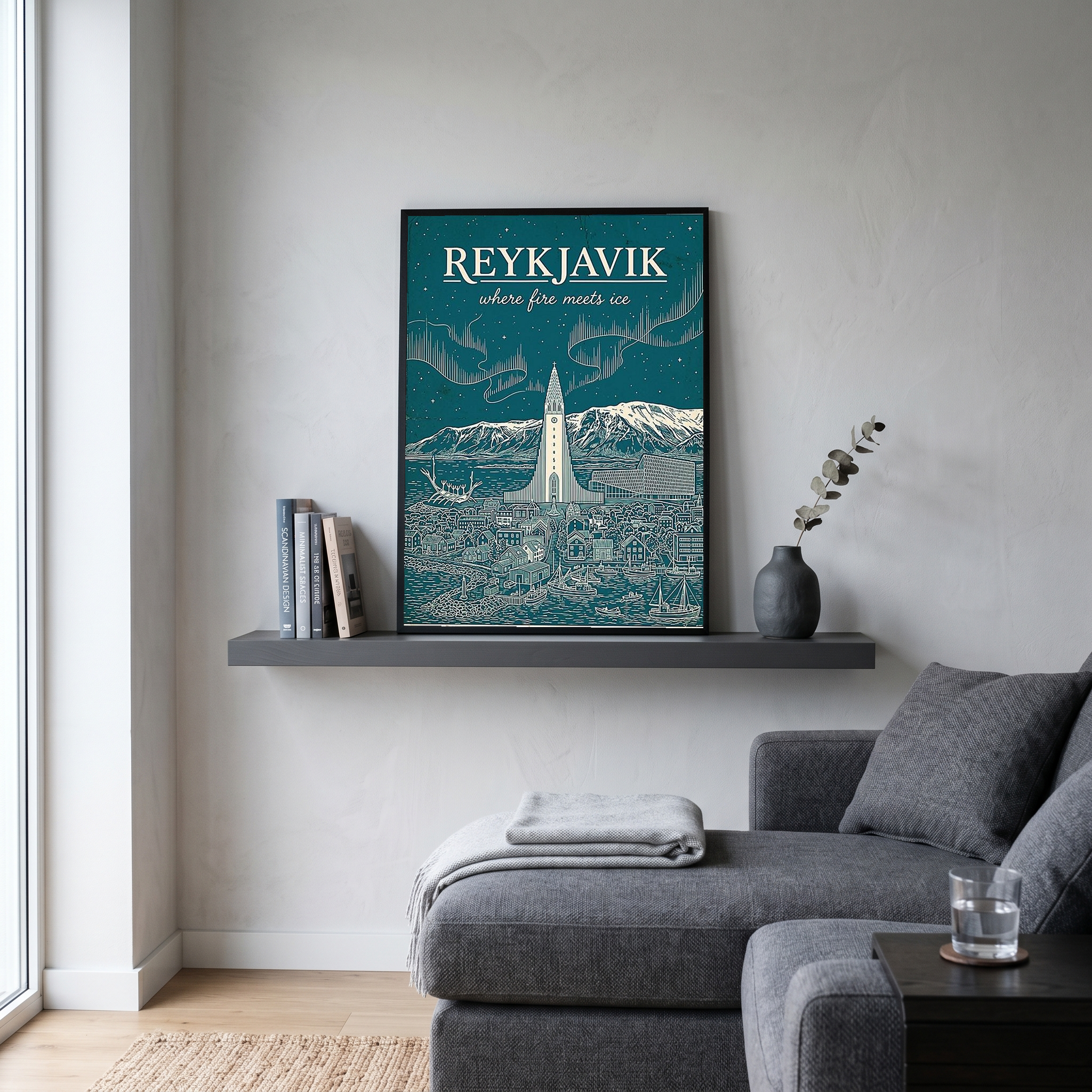 Reykjavik Line Art Print — Teal Hallgrímskirkja Aurora Skyline Wall Art