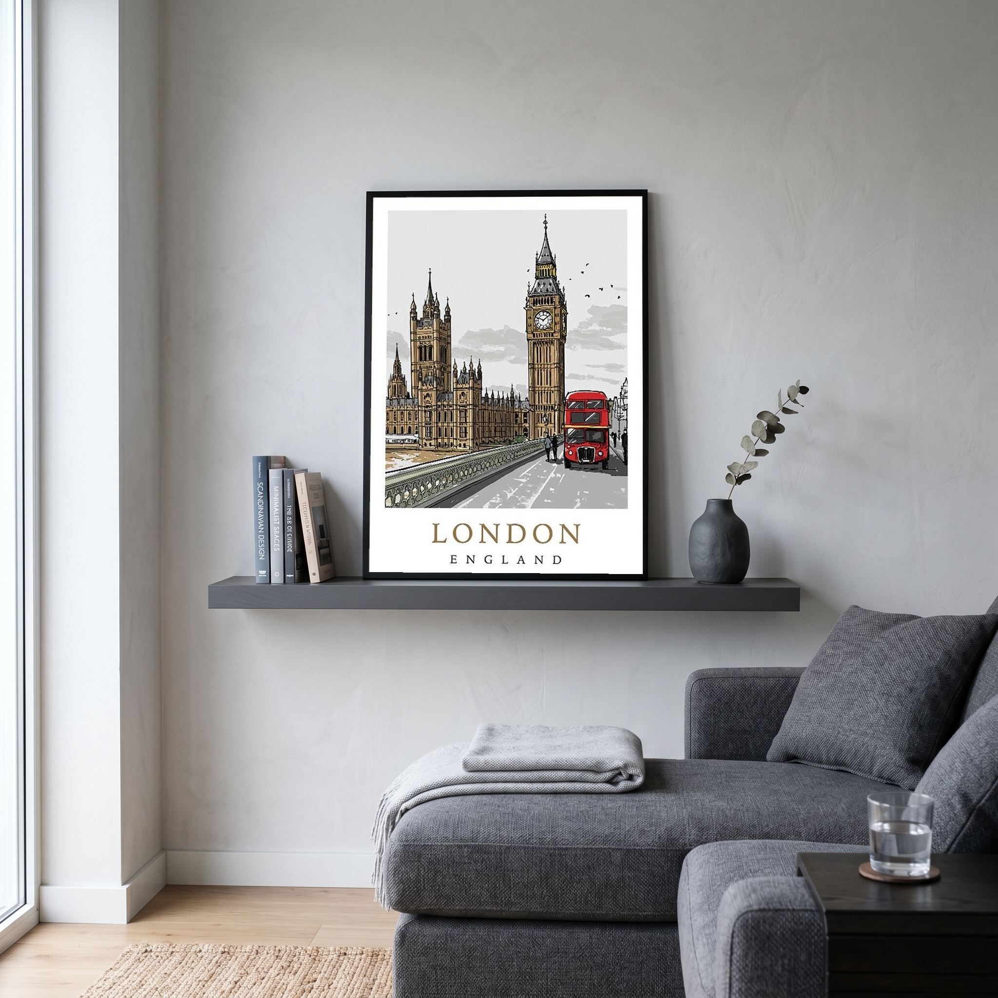 London Travel Poster — Big Ben Houses of Parliament Red Bus Print