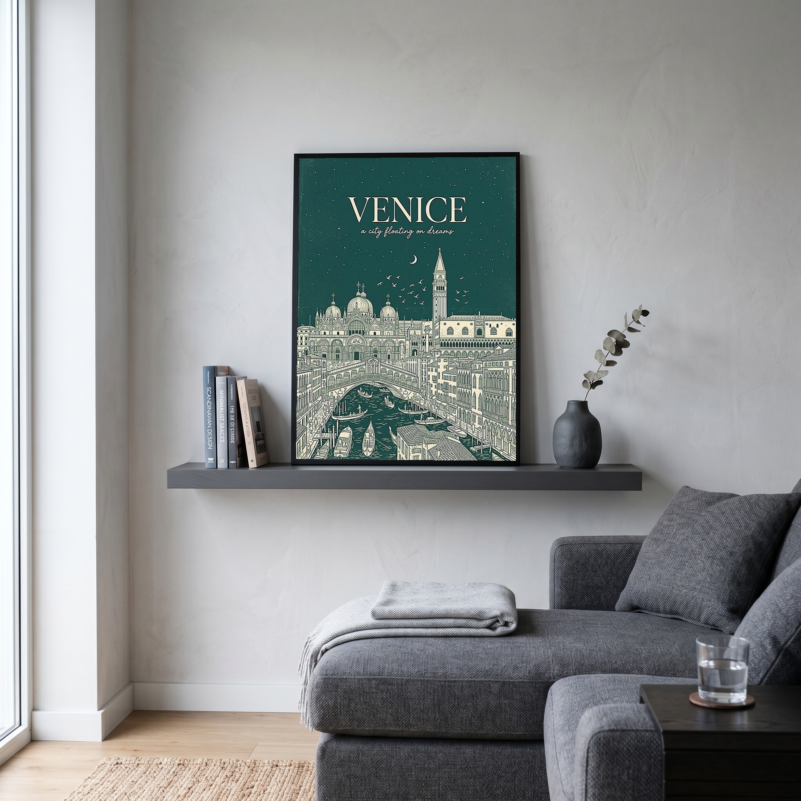 Venice Line Art Print — Forest Green St. Mark's Basilica Rialto Bridge Wall Art