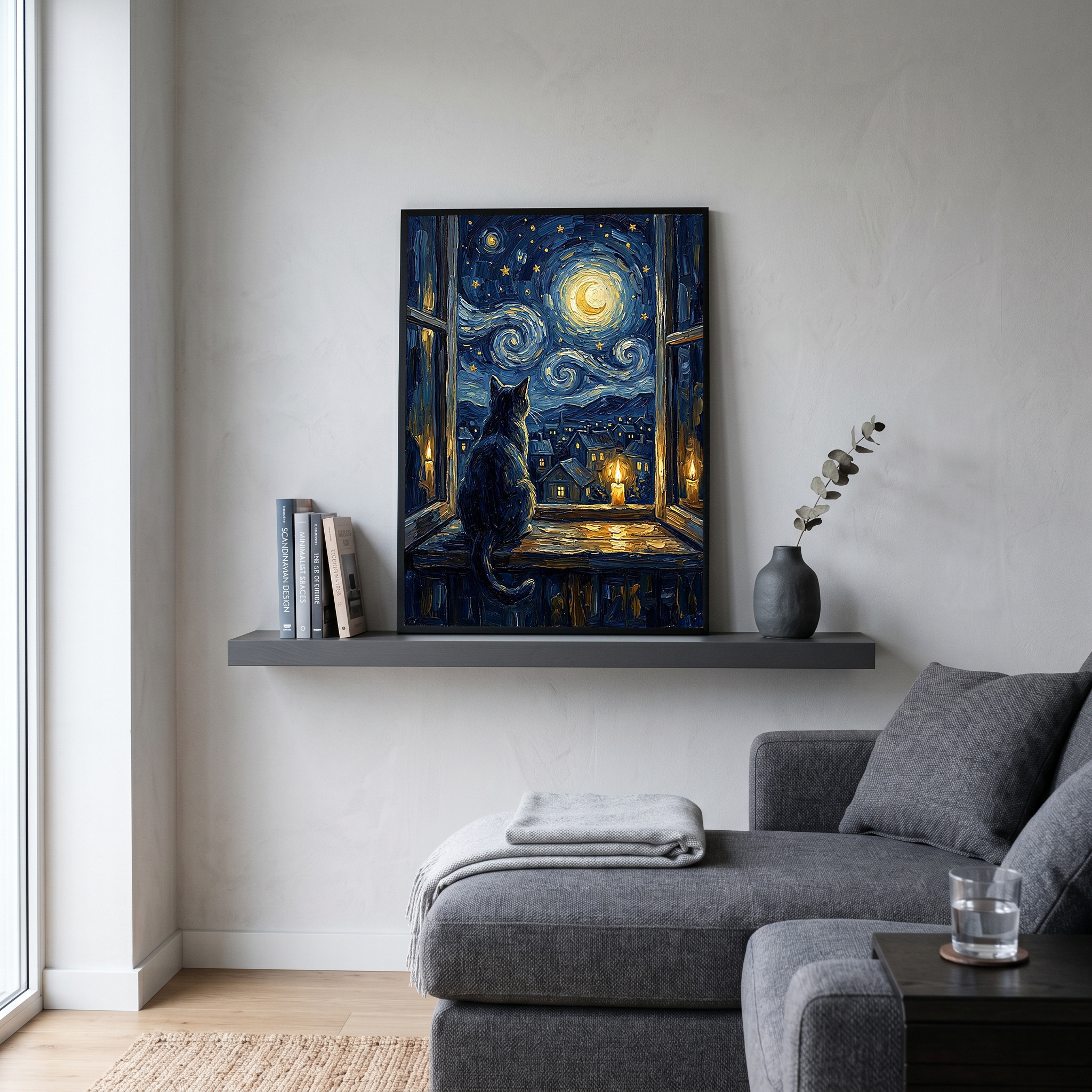 Cat at Candlelit Window Print — Van Gogh Starry Night Village Wall Art