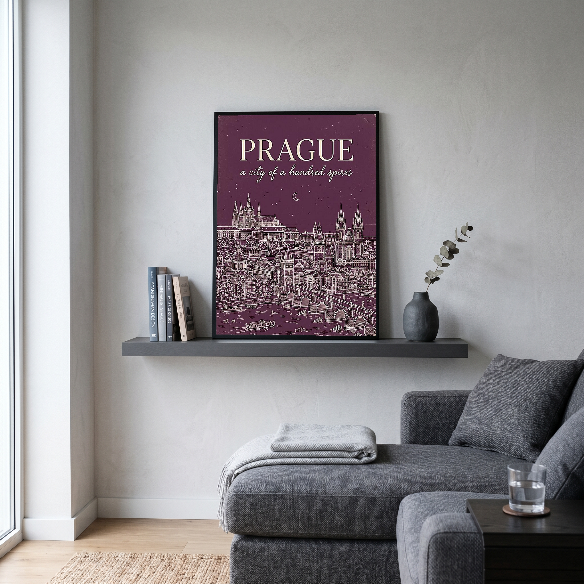 Prague Line Art Print — Plum Castle Charles Bridge Skyline Wall Art