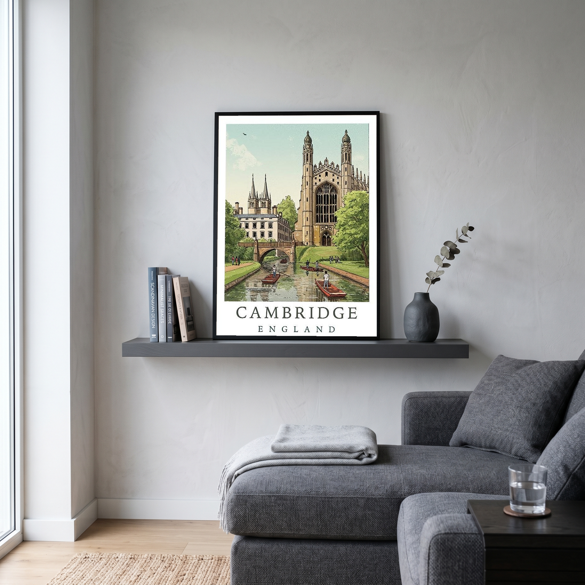 Cambridge England Travel Poster — King's College Punting River Cam Print