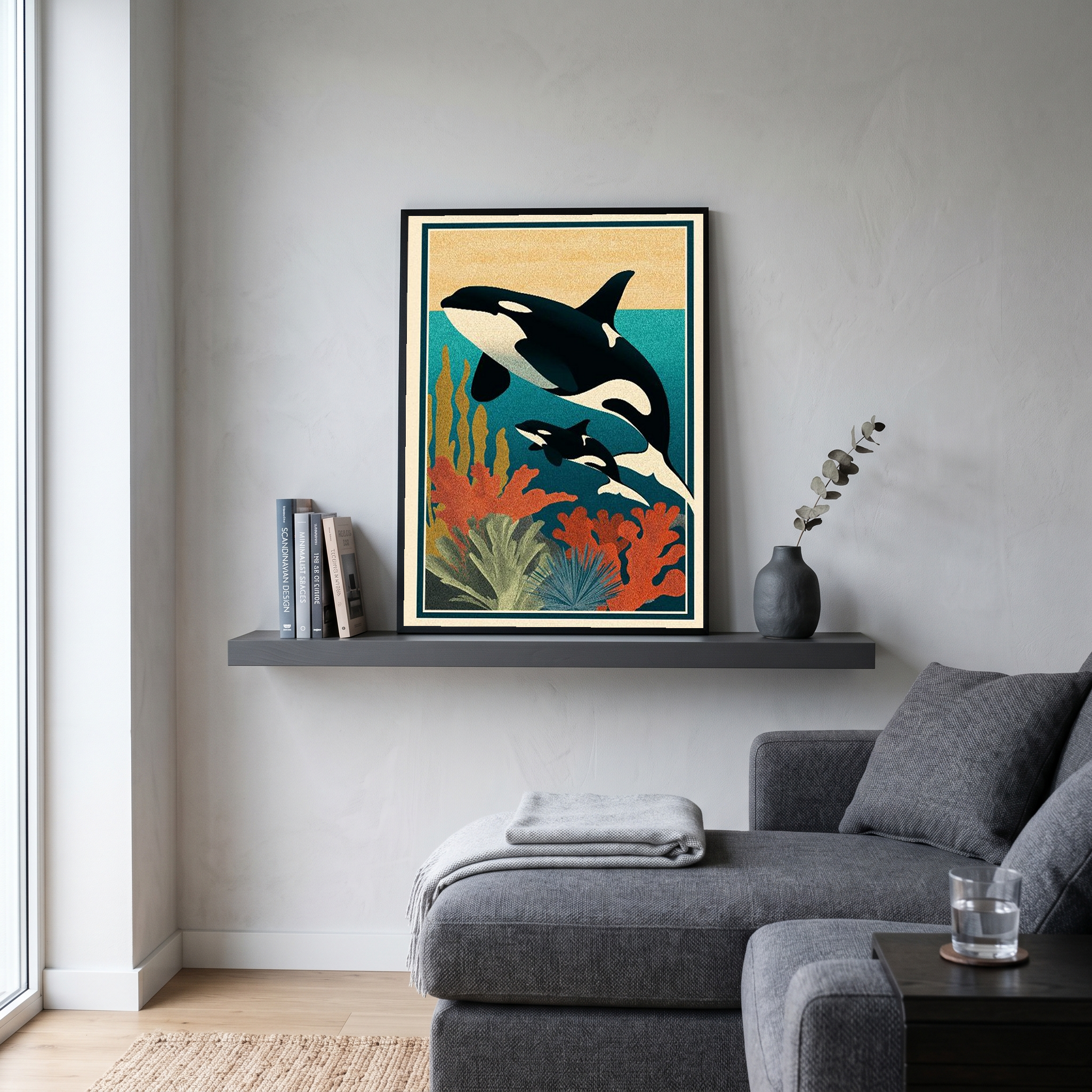 Orca Mother & Calf Ocean Reef Poster - Coastal Wildlife Wall Art