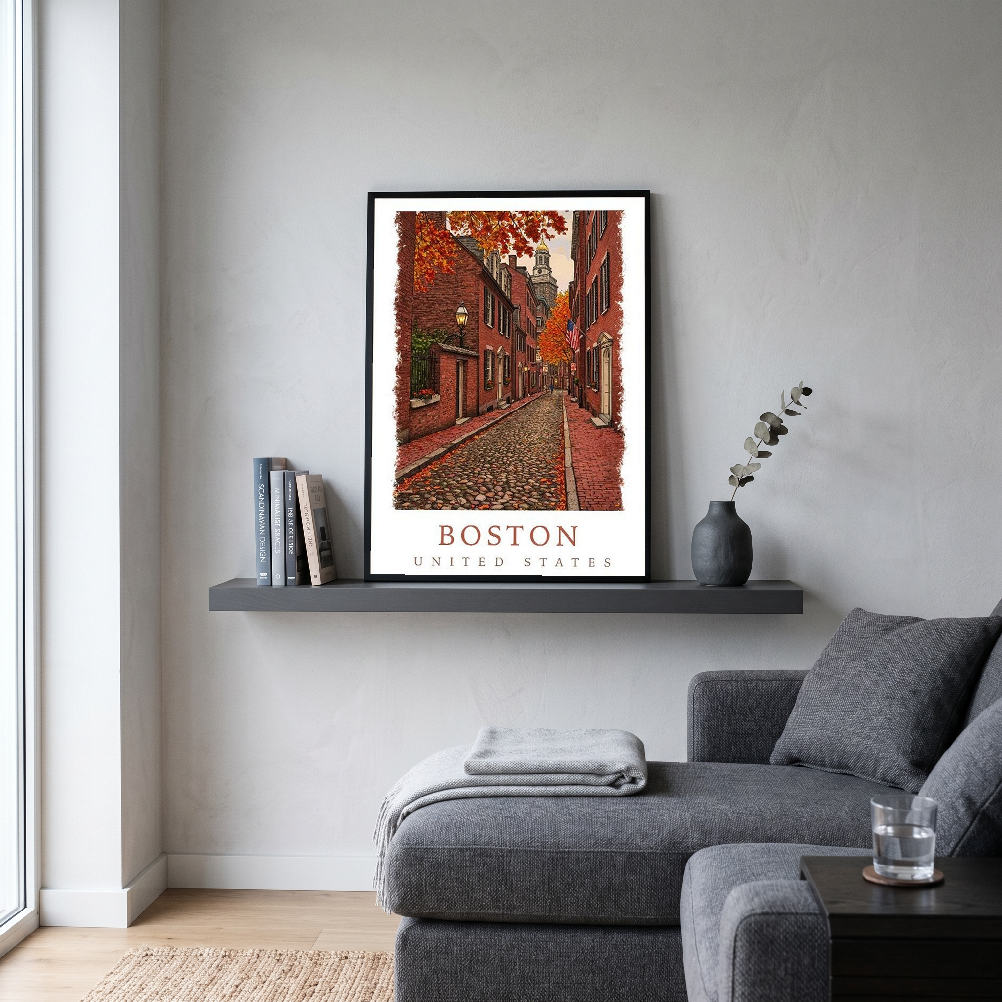 Boston USA Travel Poster — Acorn Street Beacon Hill Fall Foliage Print