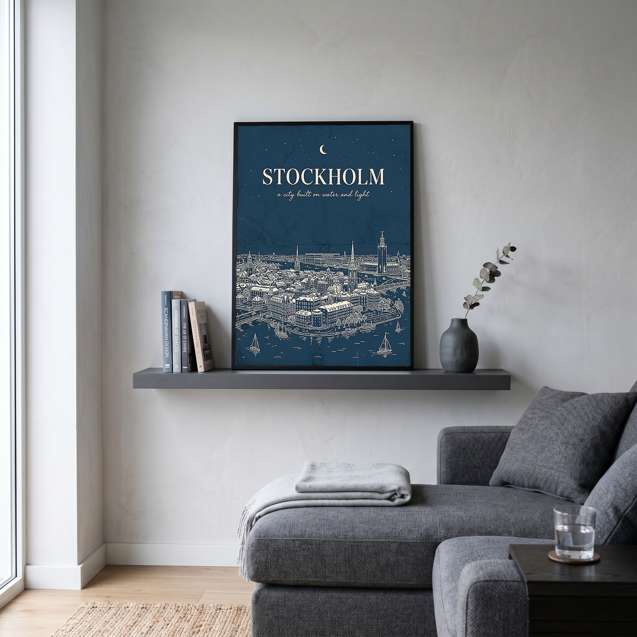 Stockholm Line Art Print — Navy Gamla Stan Old Town Skyline Wall Art