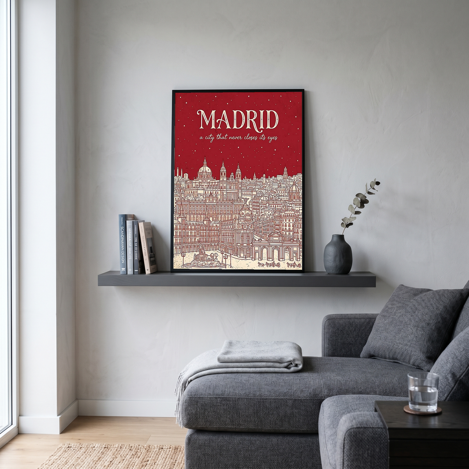 Madrid Line Art Print — Cherry Red Royal Palace Plaza Mayor Skyline Wall Art