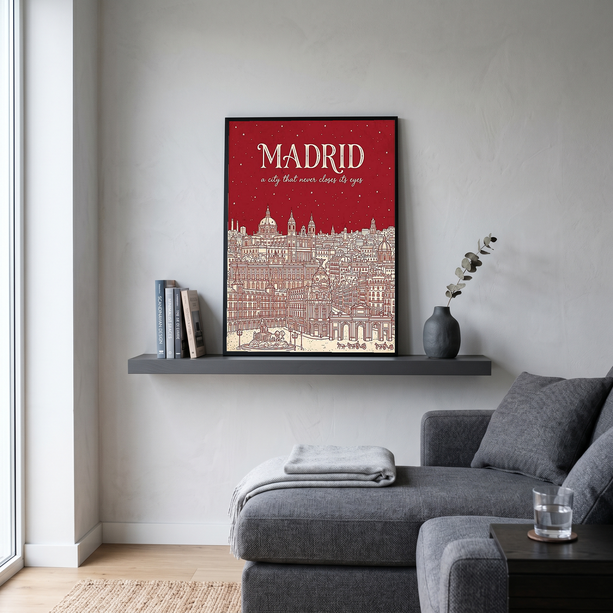 Madrid Line Art Print — Cherry Red Royal Palace Plaza Mayor Skyline Wall Art