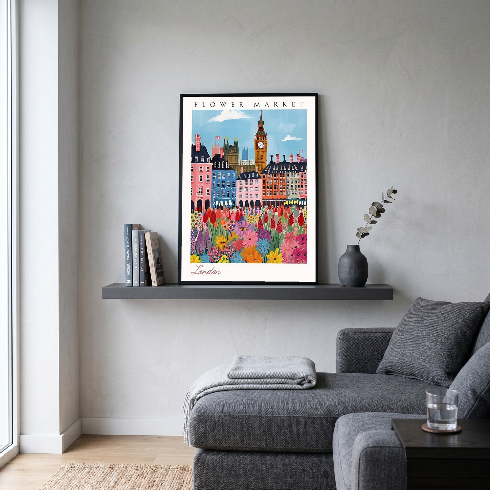 London Flower Market Print — Big Ben Cityscape British Botanical Art