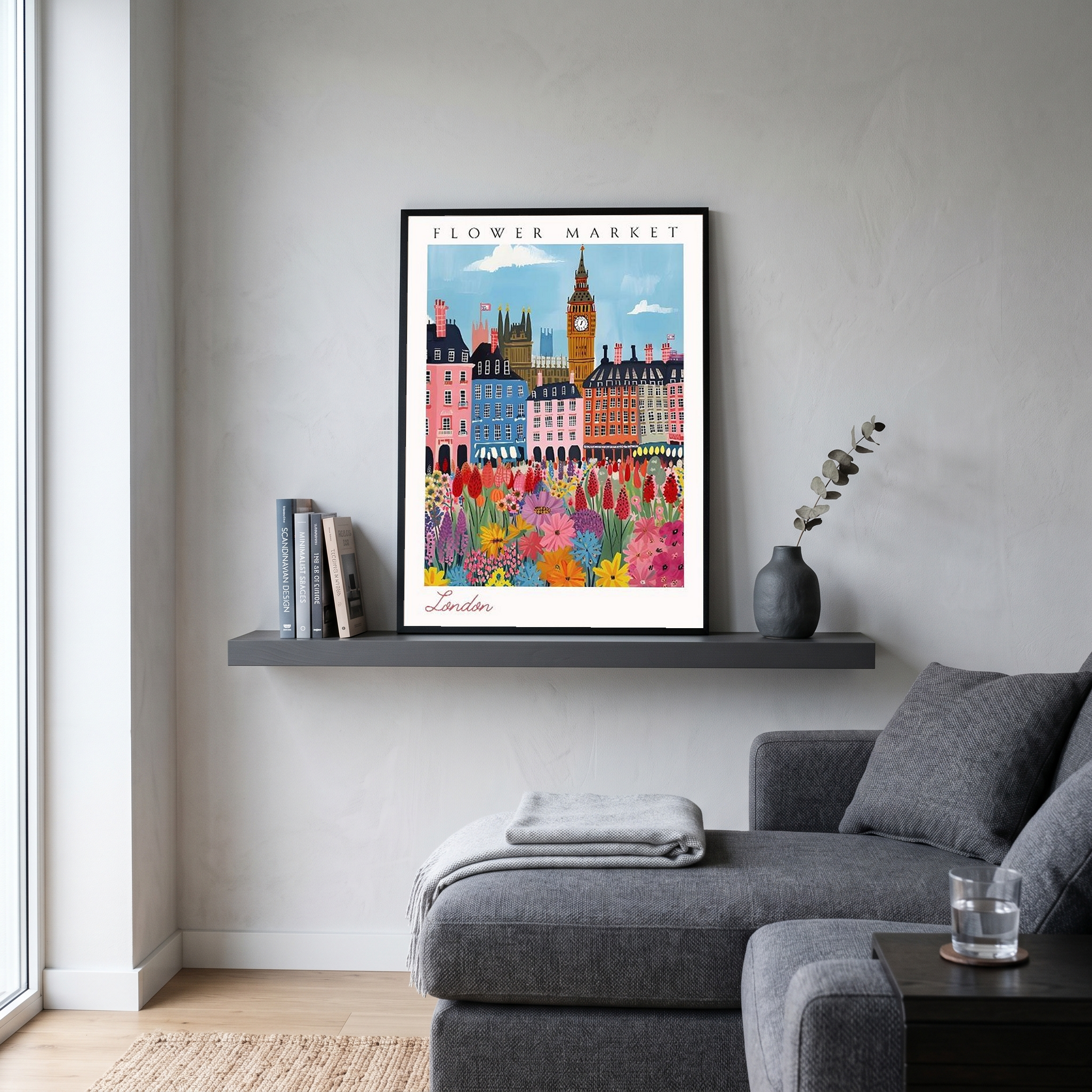 London Flower Market Print — Big Ben Cityscape British Botanical Art