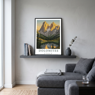 Dolomites Italy Travel Poster — Vintage Alpine Mountain Lake Print