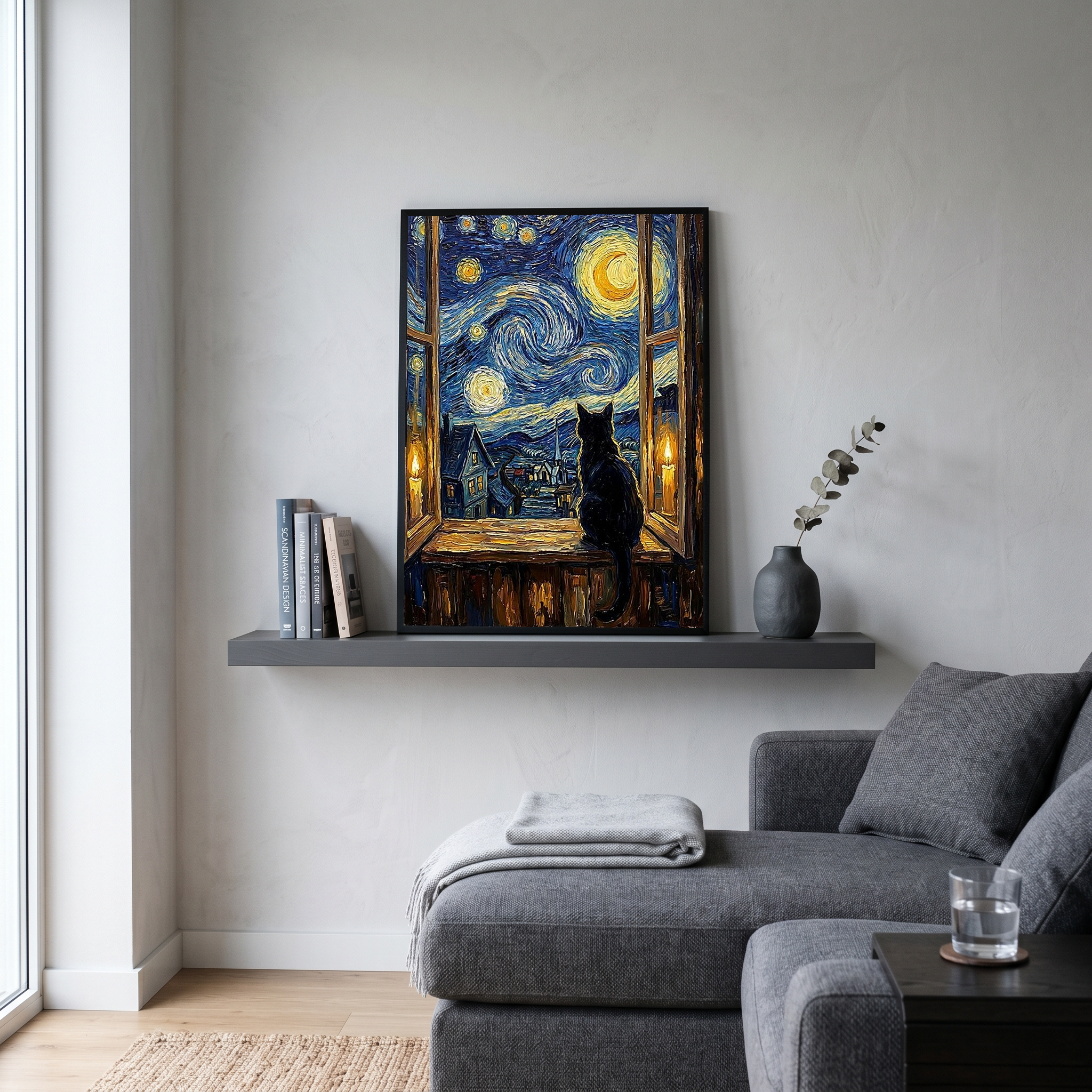 Black Cat Window Print — Van Gogh Starry Night Cozy Cottage Wall Art