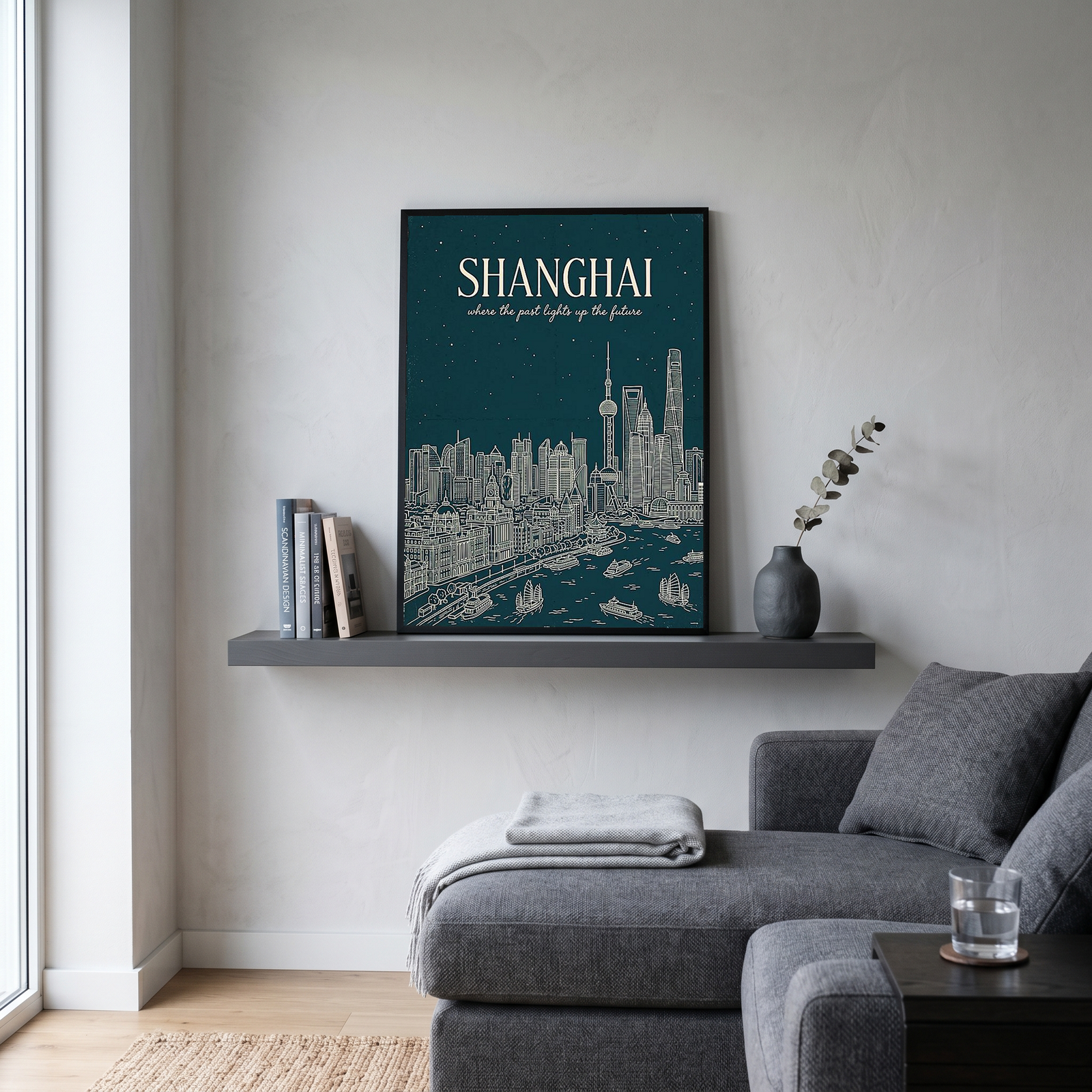 Shanghai Line Art Print — Teal Oriental Pearl Tower The Bund Skyline Wall Art