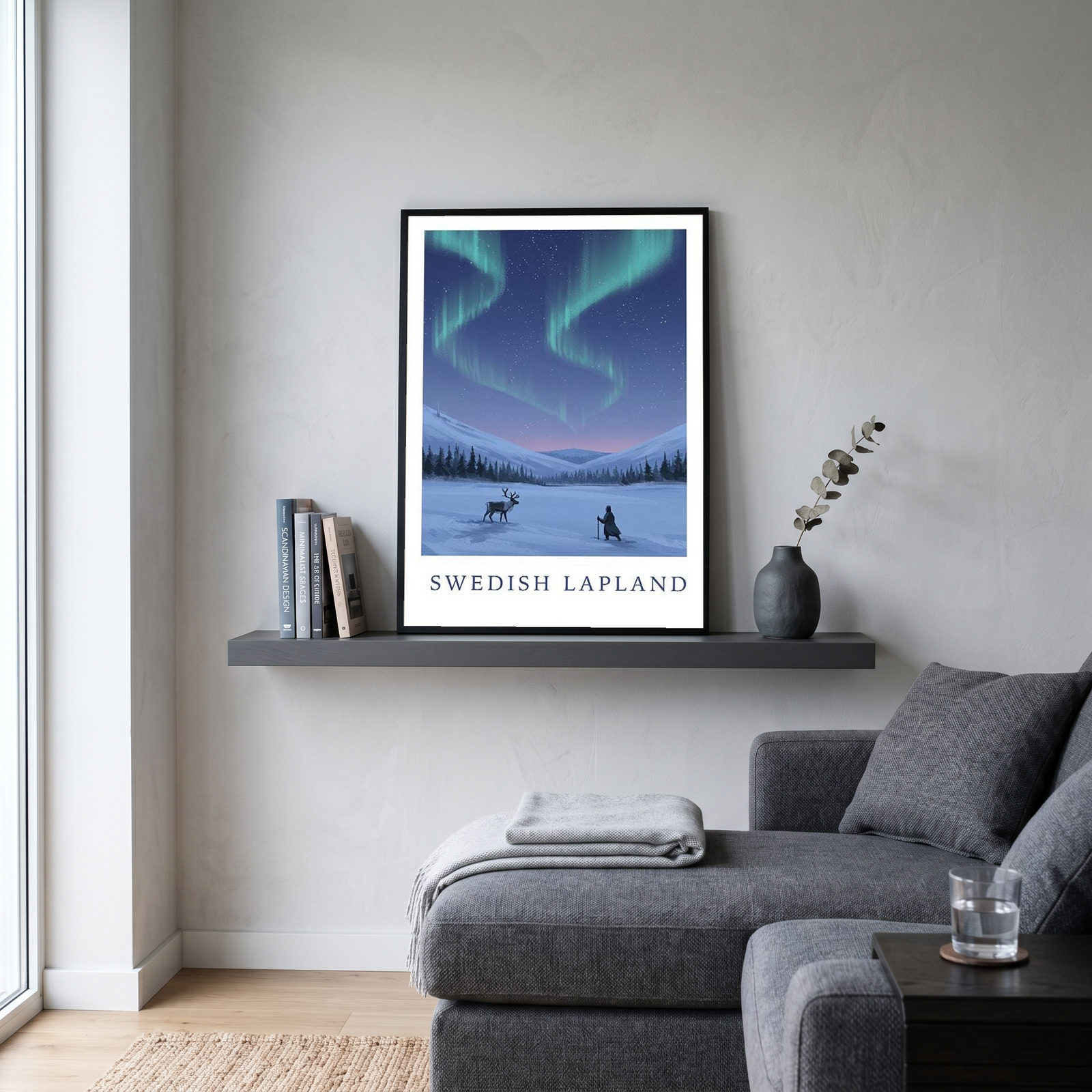 Swedish Lapland Travel Poster — Northern Lights Reindeer Sami Print