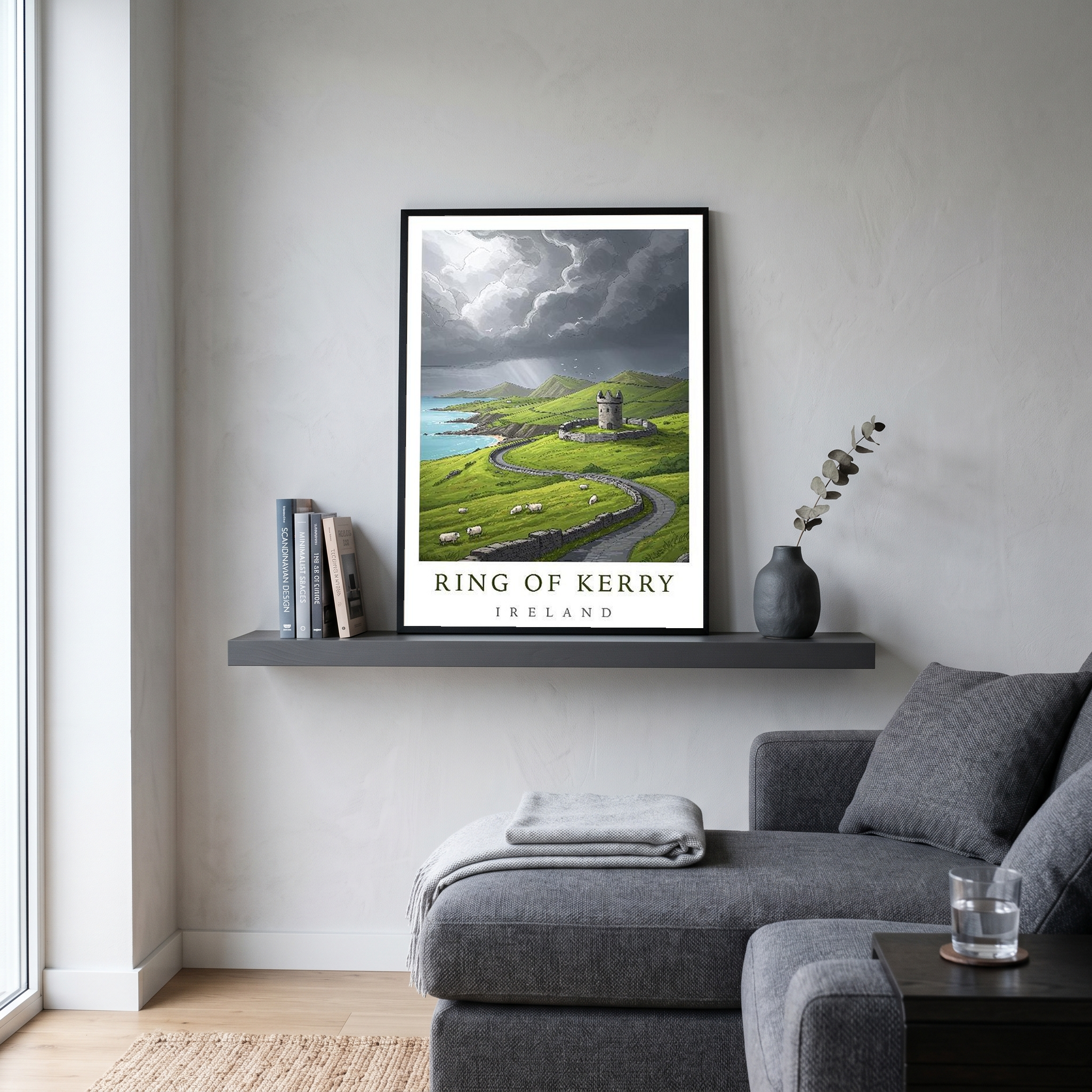 Ring of Kerry Ireland Travel Poster — Coastal Castle Sheep Stone Wall Print