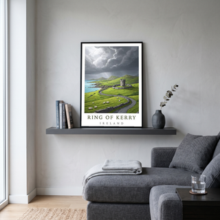 Ring of Kerry Ireland Travel Poster — Coastal Castle Sheep Stone Wall Print