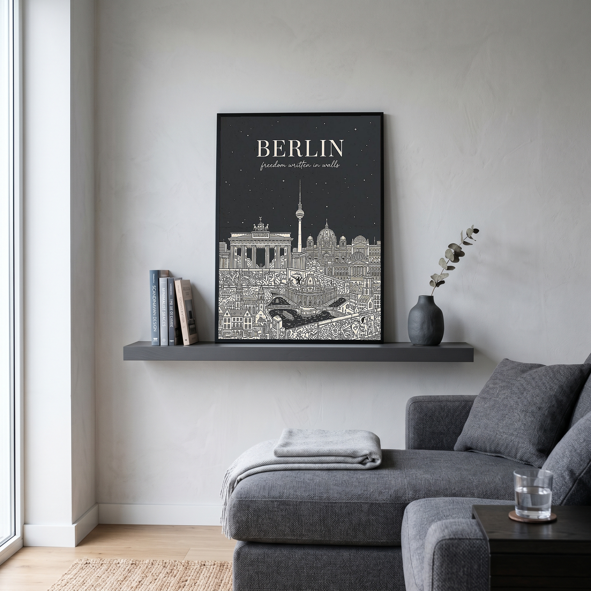 Berlin Line Art Print — Charcoal Brandenburg Gate TV Tower Skyline Wall Art