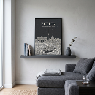 Berlin Line Art Print — Charcoal Brandenburg Gate TV Tower Skyline Wall Art