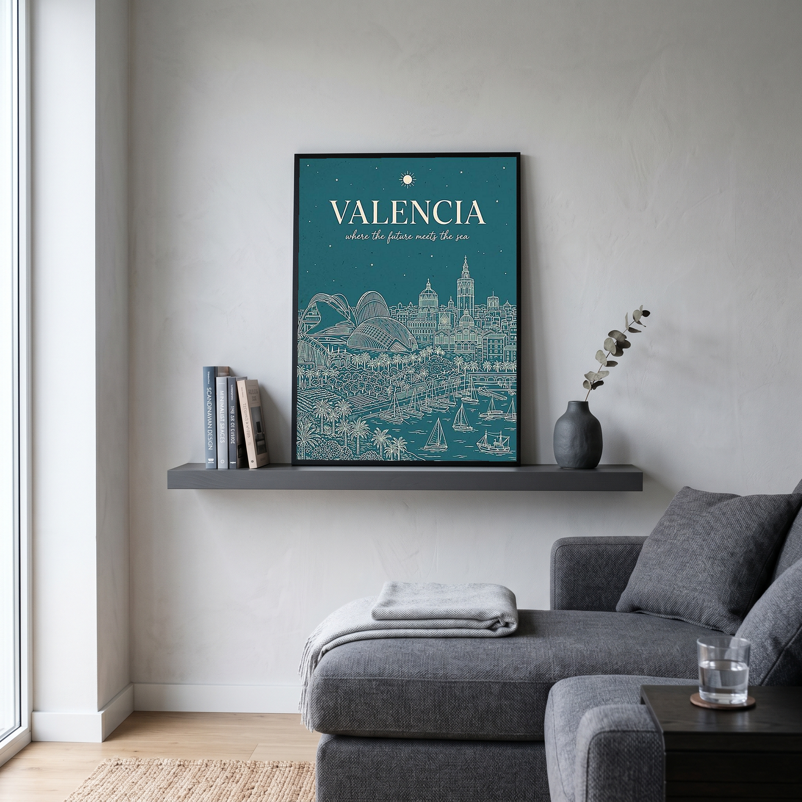 Valencia Line Art Print — Teal City of Arts Sciences Mediterranean Skyline Wall Art
