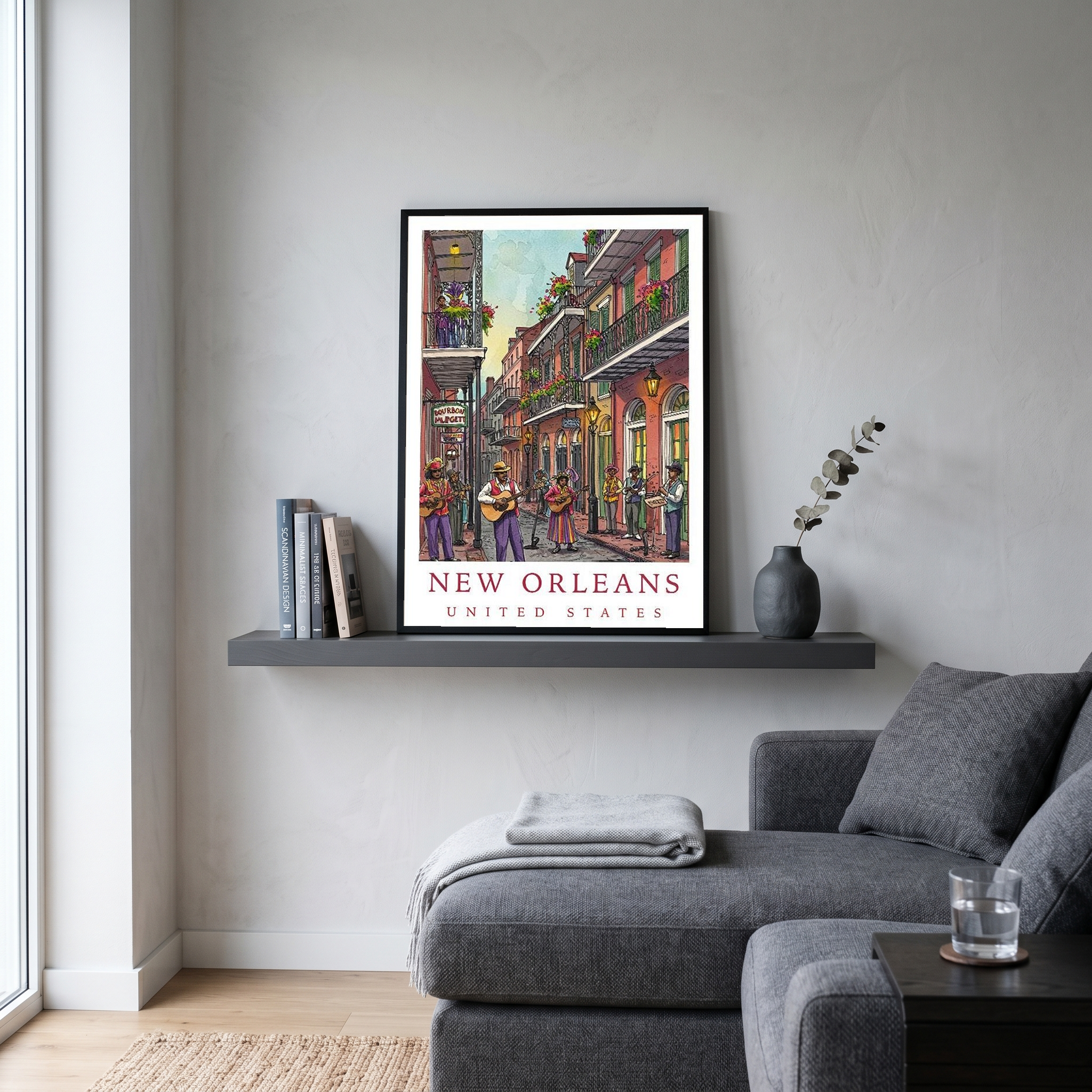 New Orleans Travel Poster — French Quarter Jazz Buskers Street Print