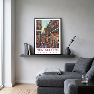 New Orleans Travel Poster — French Quarter Jazz Buskers Street Print